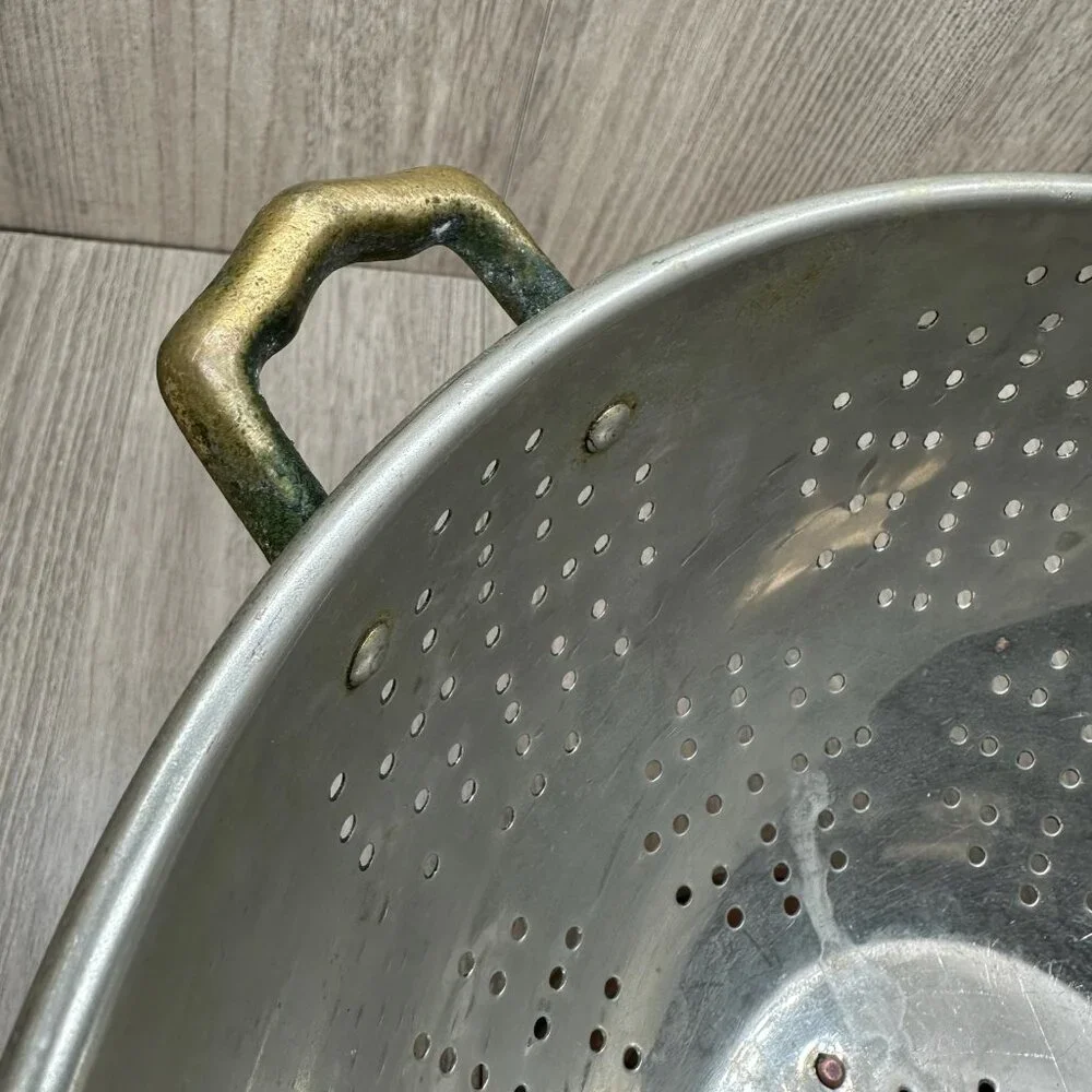Vintage Solid Copper Colander Made in Korea w/ Brass Handles Wide Flare Patina - Picture 3 of 12